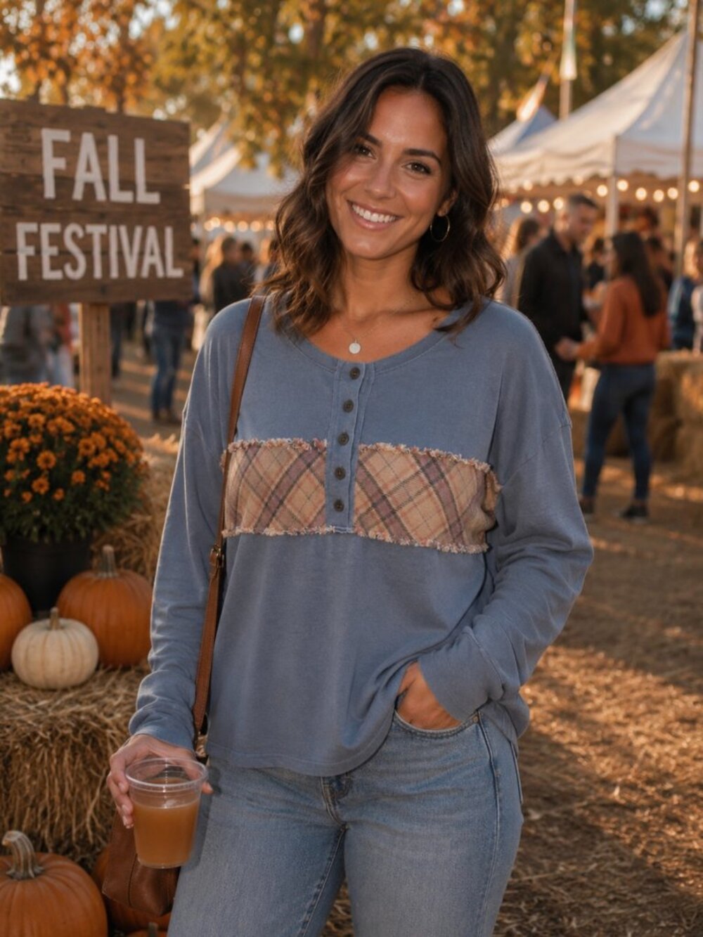 Hem & Thread Blue Long Sleeve Top with Plaid Patch Detail - Medium